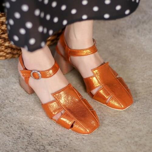 Roman Style Mid-Heel Sandals Square Toe Tapered Thick-Heel Orange Sandals Champagne Gold Summer Womens Shoes