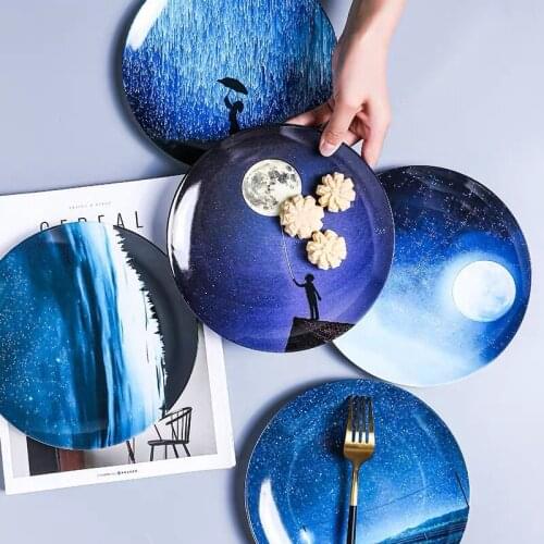 Nordic Ceramic Plate Round Night Sky Snack Dishes Porcelain Steak Cake Dessert Nuts Tray Breakfast Salad Plate Home Dinnerware