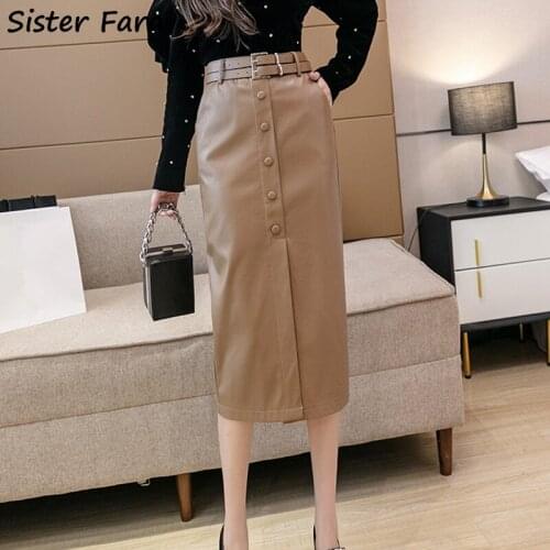 Sister Fara Autumn Winter Faux PU Leather Long Skirts Women High Waist Single Breasted Ladies Mid-calf PU Leather Wrap Skirts