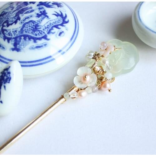 Classical Vintage Natural Jades Pearl Shell Flower Hair Pin Sticks Headwear Do-up tools Hair Bun for Cos Hanfu Hair Accessory