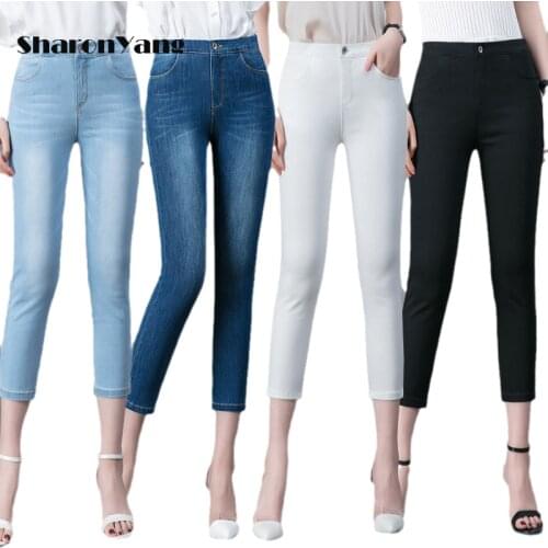 High Waist Jeans for Women Leggings Summer Plus Size Calf-length Capri Denim Pants Elasticity Mom Jeans Black White Pencil Pants