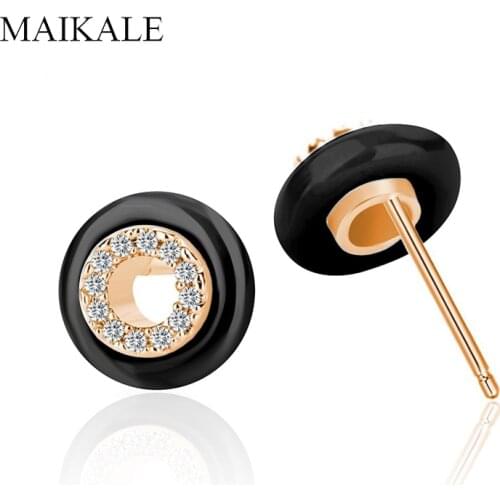 MAIKALE Classic Black/White Ceramic Earrings for Women Gold Zirconia Round Circle Small Stud Earrings Girls Jewelry Gifts