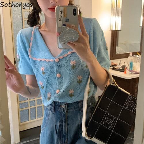 Women Short Sleeve Cardigan Floral Fresh Sweet Girls Knitting Loose Soft Crop Top Teenagers Hipster Harajuku Female Sweaters New