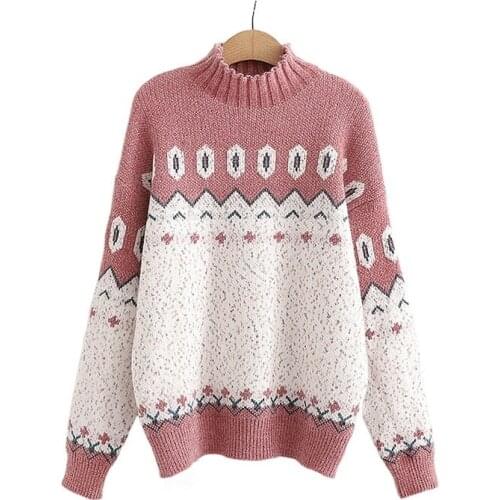 Graphic Jacquard Casual Pullover Knit Sweaters Women 2021 Winter Vintage Harajuku Long Sleeve Ladies Daily Soft Sweet Tops