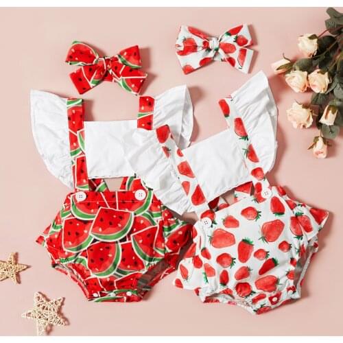 0-12Months Summer watermelon strawberry print Baby Girls Ruched Ruffles Cute Romper Bodysuit Casual Clothes ropa niña verano M4
