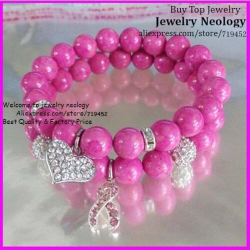 10pcs/lot High Quality Pink Glass Bead Bracelet Pink Rhinestone Breast Cancer sign and Heart Pendant Charm Women Bracelet 10mm