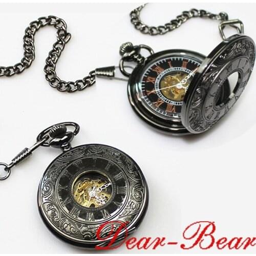 8002B)Jet Black Steampunk See through Hunter Mechanical Pocket Watch, 6 pcs/lot