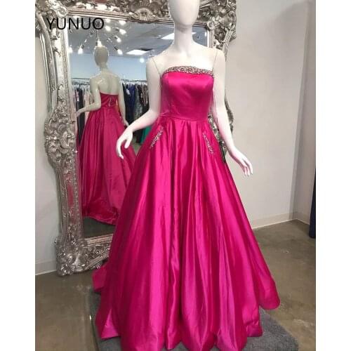 YUNUO Strapless Ball Gown Prom Dresses with Crystal Pockets suknie wieczorowe Party Evening Gowns Zipper vestido de noche