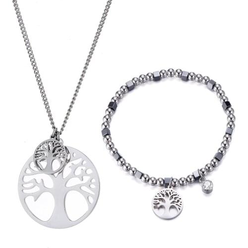 Stainless Steel Tree of Life Pendant Necklace Beads Bracelet Fashion Jewelry Set For Women 2019 New Design Valentines Day Gift