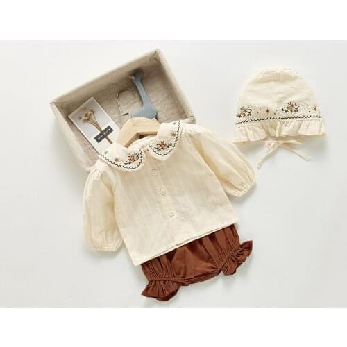 Baby Autumn Suit Girl Lapel Embroidered Jacket + Pants + Hat Three-Piece Newborn Girl Clothes Outfit