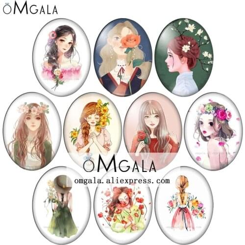 Artistic Flower Girls Drawings Patterns 10pcs 13x18mm/18x25mm/30x40mm Oval photo glass cabochon demo flat back Making findings