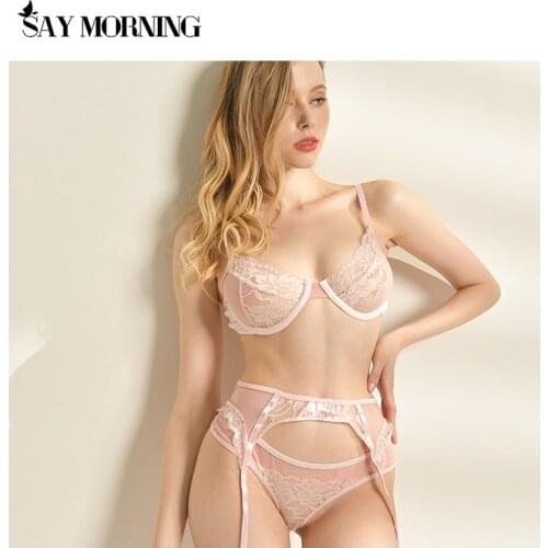 SAY MORNING 2020 Sexy Bras Panties Garters Sets Elegant Underwear for Women Lace Ultra Thin 3 sets Mujer Intimate Underwear