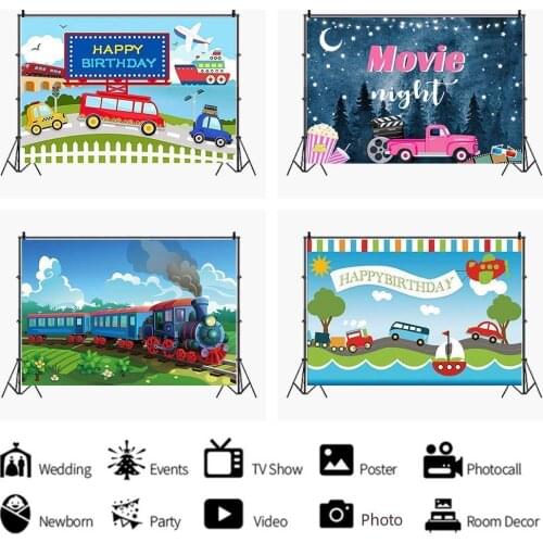 Means of Transport Series Cartoon Backdrop Boy Birthday Picture Party Decorate Airplane Car Ship Train Background Photo Studio