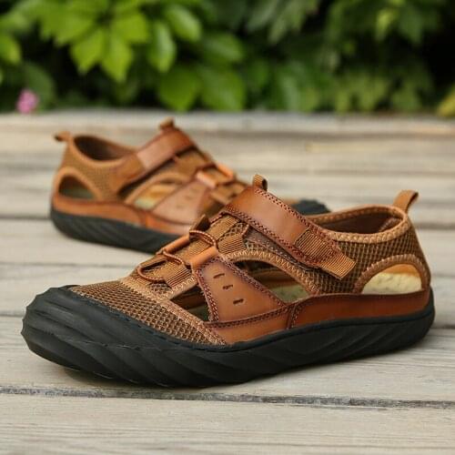 Men sandals outdoor water shoes leather summer breathable mesh hiking mens beach large sizes rubber handmade sandalia masculina