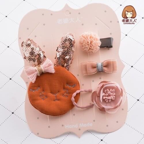 Korean Style Fabric Bunny Sequined Crown Bow Flower Childrens Hairpin Set Birthday Gift