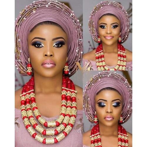 Coral Bead Necklace Earrings Set for Brides Red Coral Jewelry Sets for Women Fantastic Red and Gold Nigerian Wedding Gift ABH708