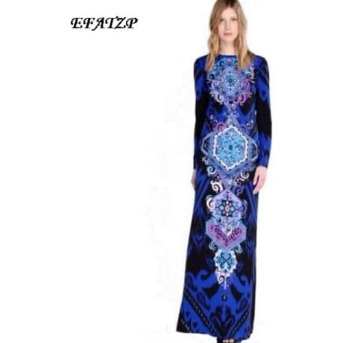 New 2016 Italian Designer Luxury Brands Autumn Womens Long Sleeves Baroque Print Stretch Jersey Silk Maxi Slim Party Dress