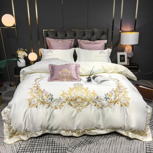 New Luxury Beige Satin Silk Cotton Gold Embroidery European Royal Wedding Bedding Set Duvet Cover Flat/Fitted Sheet Pillowcases