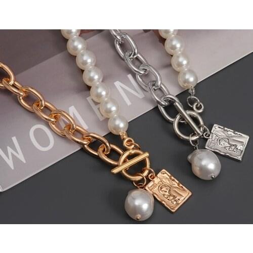 New Vintage Big Pearl Necklace for Women Gold Silver Colour Geometric Portrait Pendant Necklace 2020 Trendy Choker Metal Jewelry