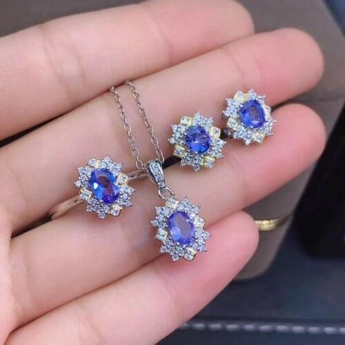 New Arrival Natural and Real Tanzanite Jewelry set 925 sterling silver 1pc Ring,1pc Pendant,2pcs Earring