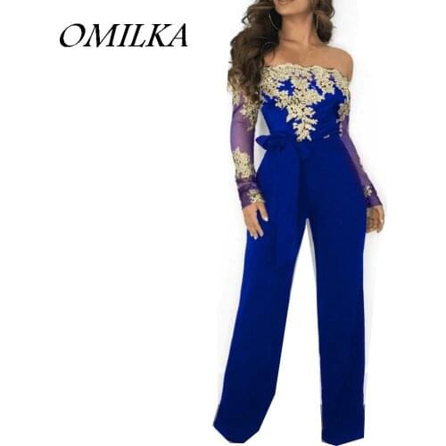 OMILKA 2018 Autumn Women Long Sleeve Lace Rompers and Jumpsuits Sexy Black Blue Red Off Shoulder Club Party Bandage Overalls