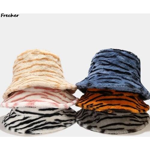 Autumn Winter Cotton Plush Bucket Hats Women Thick Warm Panama Black White Striped Fisherman Hat Lady Outdoor Travel Street Caps