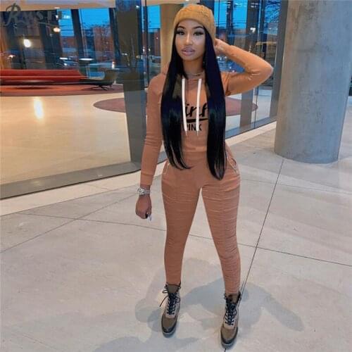 RMSFE 2021 Autumn And Winter Womens Long Sleeve Fashion Printed Hooded Sweatpants 2 Zipper Pockets 2-Piece Set