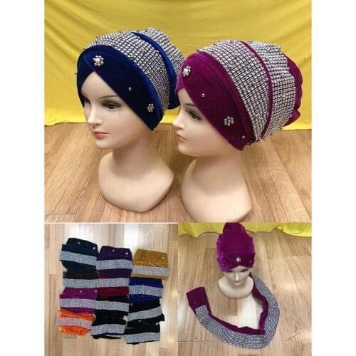 2021 New Hijab Turban Cap with Beads Stones Muslim Headscarf Hat Islamic Stretch Turban Hat Hair Accessories 12pcs/pack
