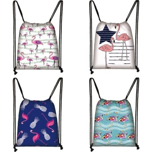 Cartoon Flamingo Print Drawstring Bag Women Travel Bag Teenager School Bag Brown Girl And Boy Backpack Fashion Storage Bags Q651