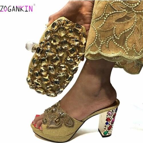 Gold New Women Nigerian Shoes with Matching Bag Set 2019 for Party Wedding High Heels Slippers and Bag Set with Big Crystal