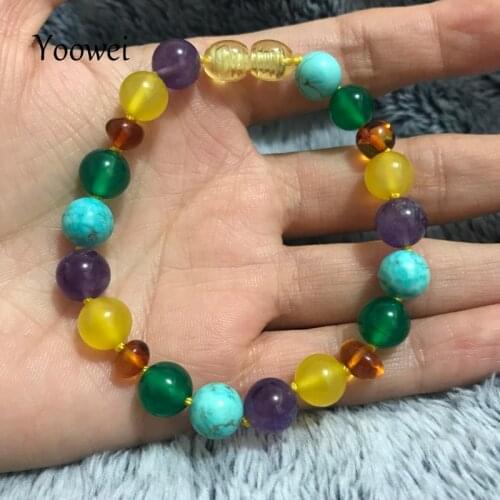 Yoowei Wholesale Baby Amber Jewelry 8mm Natural Gemstone Turquoise Agate Amethyst Custom Jewelry Baltic Amber Bracelet Necklace