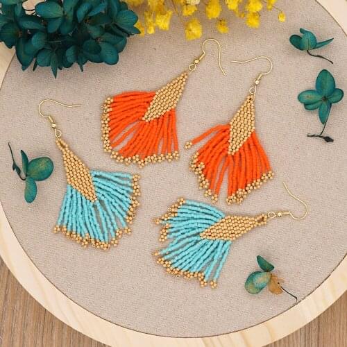 Miyuki Rice Bead Woven Long Geometric Fan-shaped Tassel Earrings Women Womens Accessories Hanging Earrings Womens Jewelry