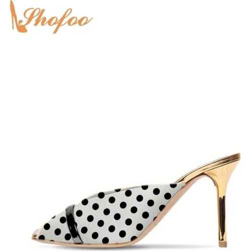 Black White Women Mules Pumps Stiletto High Heels Peep Toe Slip On Large Size 12 16 Ladies Fashion Casual Mature Shoes Shofoo