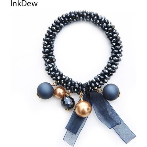 INKDEW Trendy Silk Ribbon Beads Strand Bracelets for Women Gift Crystal Elastic Handmade Multicolor Bracelets Jewelry boho