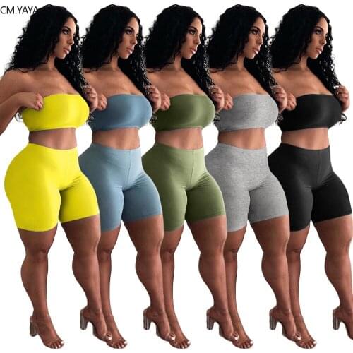 CM.YAYA Sport Women Solid Color Two Piece Set Strapless Crop Tops Shorts Jogger Sweatpants Suit Tracksuit Matching Set Outfit