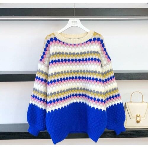 Autumn Colorful Striped Korean Casual Women Knit Pullovers Sweaters Loose Lantern Sleeve Female Sweet Jersey Mujer Autumn Jumper