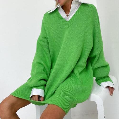 Womens Green Knitted Pullover Vestidos V-Neck Long Sleeve Loose Mini Dress Casual Fashion 2021 Autumn Female Sweater Dresses