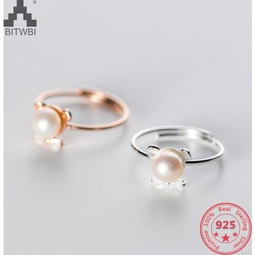 925 Silver Ring Female Korean Diamond Bear Pearl Sweet Animal Opening Ring Nice Jewelry for Women