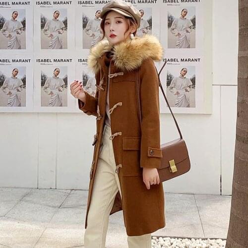 Hooded Coat Female 2020 Autumn And Winter Clothing New Korean Version Woolen Large Fur Collar Long Horns Buckle Woolen Coat