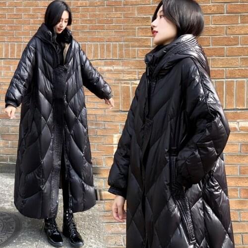 Winter X-long Glossy Down Jacket Plus size Thicken Parkas Female Black Hooded White duck down Coat Windproof Rainproof Outwear