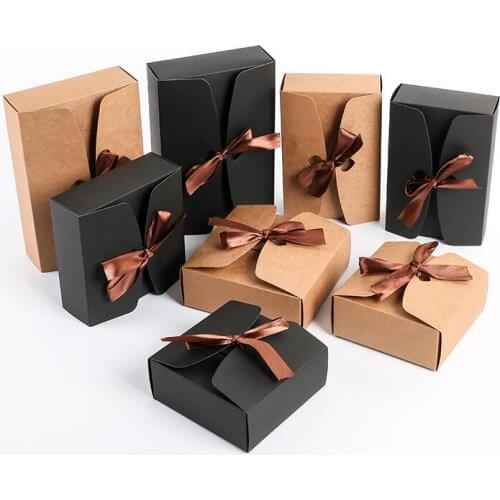 10PCS/LOT Kraft Paper Boxes with Ribbon,Wedding Favor Boxes,Black Cardboard Packing Box Large Party Gift Box