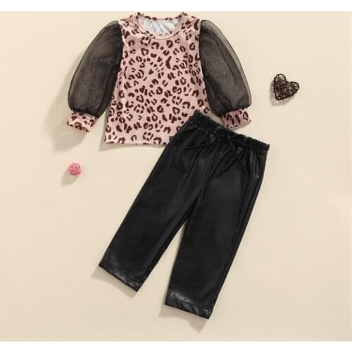 2Pcs Kids Girls Fashion Outfits, Leopard O-Neck Long Mesh Sleeve T-Shirt +Elastic Waist Solid Color Leather Pants 6Months-5Years