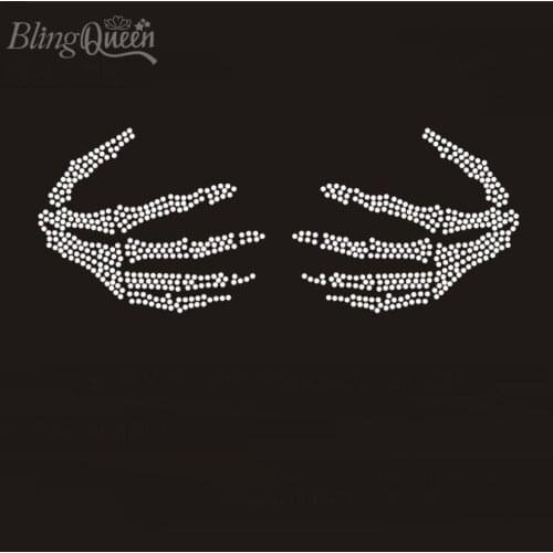 BlingQueen 25PCS/LOT Skeleton Hands Rhinestone Transfers Hotfix Crystals Strass Motifs Iron On Appliques