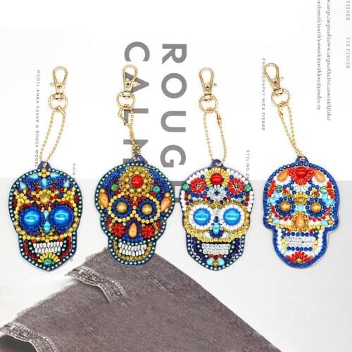 4Pcs DIY Full Drill Keychain Diamond Painting Skull Shape Keyrings Cross Stitch Embroidery Key Ring Gift Mosaic Bag Pendant