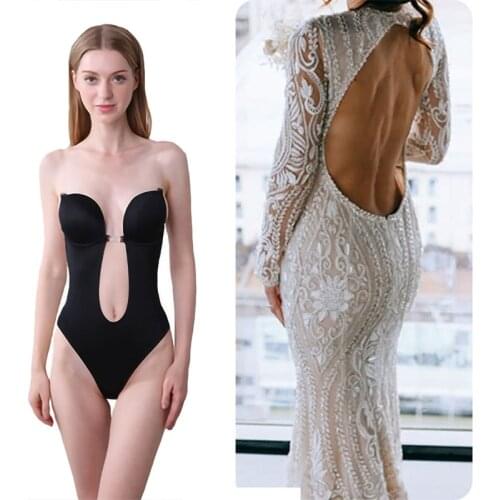Bodysuit Shapewear Deep V-Neck Body Shaper Backless U Plunge Thong Shapers Waist Trainer Women Clear Strap Padded Push Up Corset