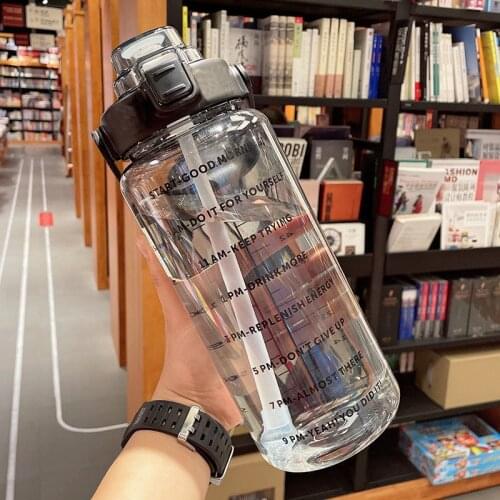 2L Drinkware Sports Straw Water Bottle with Stickers Portable Large Capacity Fitness Summer Ice Cold Water Jug with Time Marker