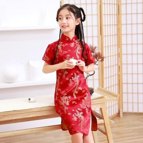 Children Cheongsam New Summer Retro Dragon and Phoenix Princess Dress Chinese Style Little Girl Baby Girl Dress Qipao 5 Colors