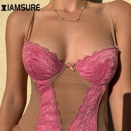 IAMSURE Pink Patchwork Lace Mesh Camis Bow Hollow Out Deep V Nect Tops For Women 2020 Sexy Cute See Through Holiday Streetwear