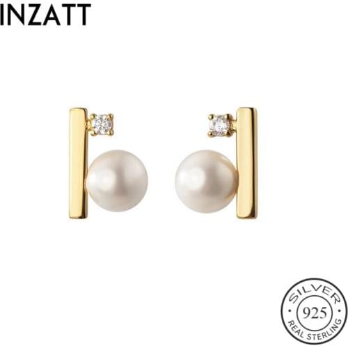 INZATT Real 925 Sterling Silver Zircon Pearl Stud Earrings For Fashion Women Party Cute Fine Jewelry Minimalist Accessories Gift