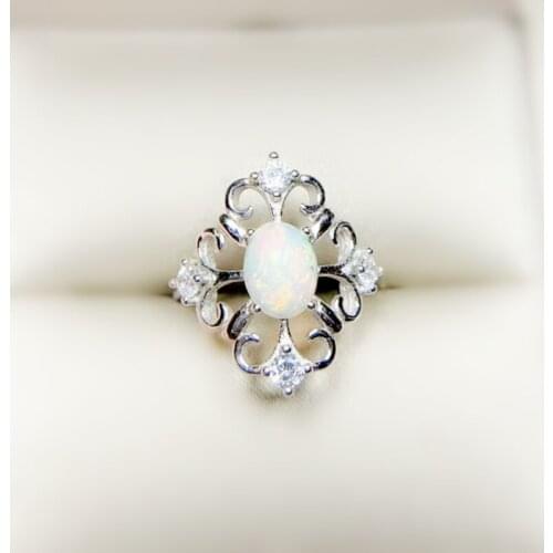 Natural real white opal flower ring Per jewelry Free shipping 6*8mm 0.8ct gemstone 925 sterling silver Fine jewelry T206308